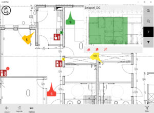 mobiPlan-App: Planansicht mit Brandschutz Piktogrammen