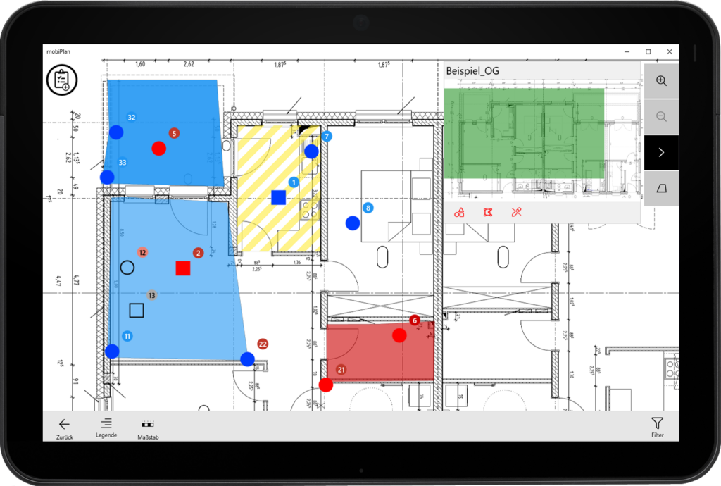 mobiPlan Update: Windows-Tablet-App: Planansicht mit Plansymbolen und farblich markierten Flächen.